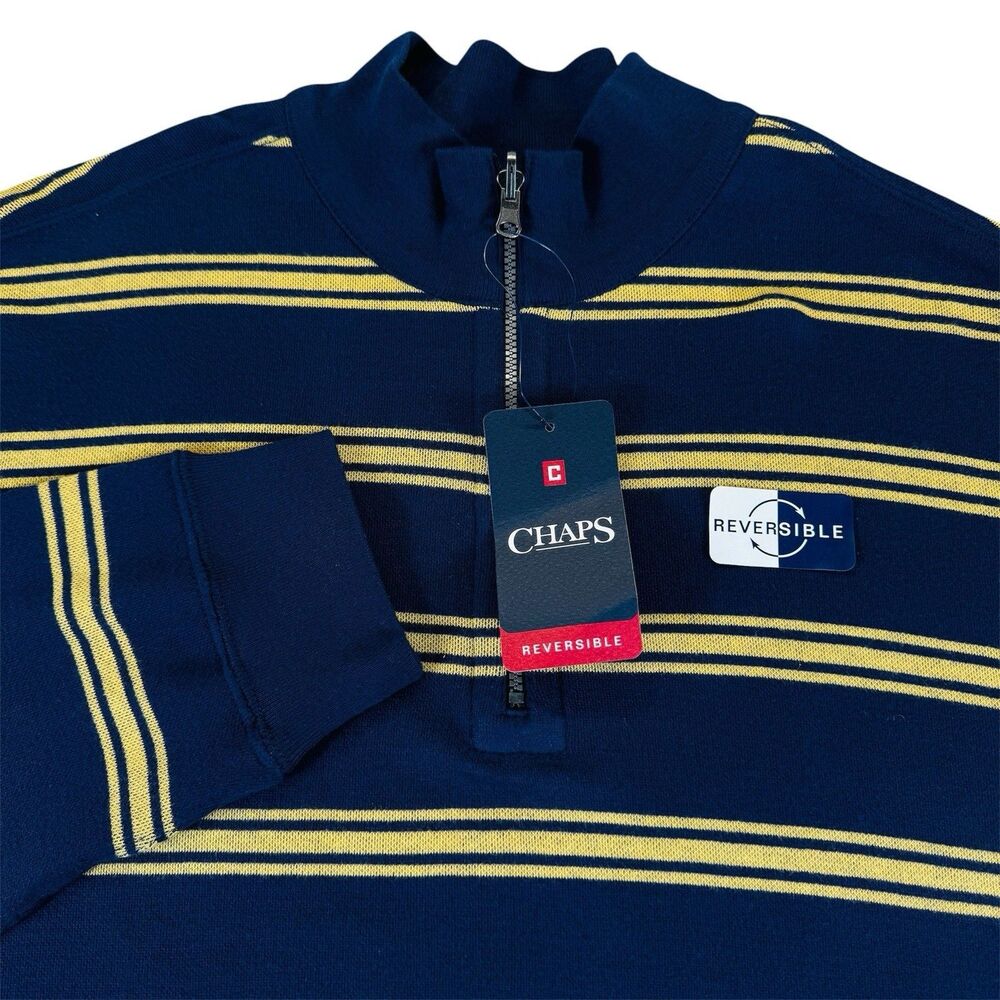 Chaps Reversible Sz M Navy Gold Striped Pullover Mens 1/4 Zip Long Sleeve NWT
